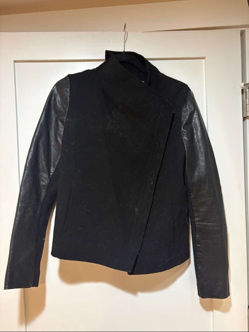 Vince Black Wool Body Jacket with Leather Sleeves